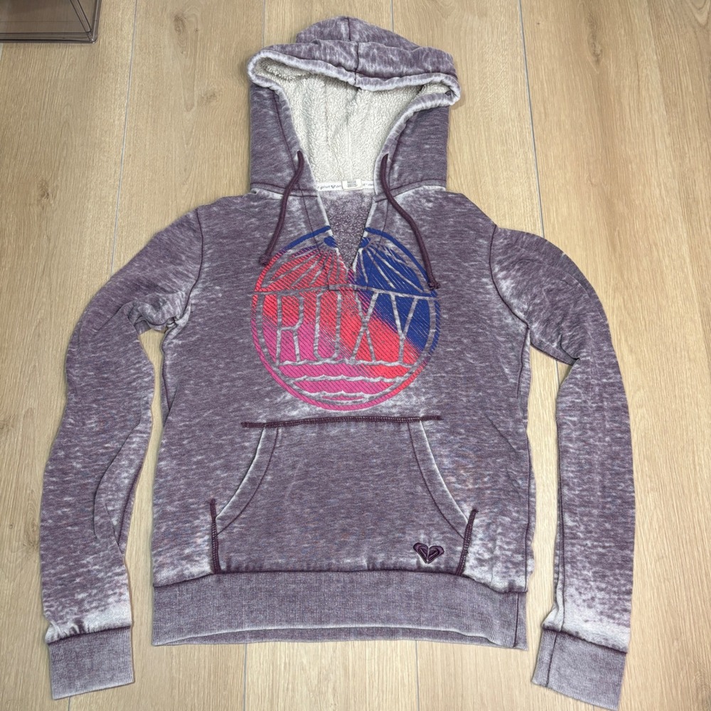 Roxy Womens Purple Burnout Sherpa Lined Hoodie Graphic Pullover Sweatshirt M